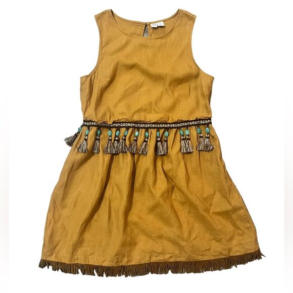 Artisan NY 100% Linen Dress Upcycled Bohemian Beaded Fringe Size 12 - Picture 1 of 8